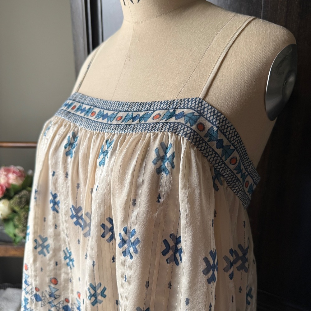 NWT JOIE Rosenda Silk Tank Blouse Aztec‎ Print Cream Blue Metallic Threads L NWT - Picture 9 of 17